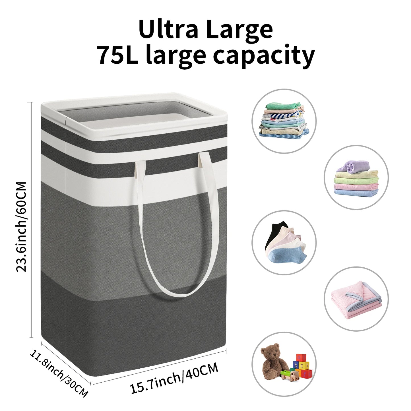 ¡Mantén tu hogar organizado y libre de desorden con nuestra cesta de lavandería plegable de 75L! Esta práctica y resistente cesta no solo es perfecta para la ropa sucia, sino también para almacenar juguetes, sábanas, toallas y más.