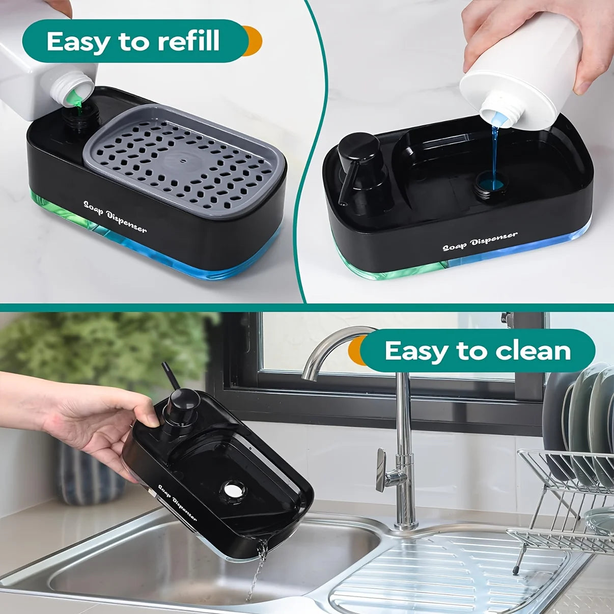 ¡Dile adiós al desorden y mejora tu experiencia de lavado con nuestro Dispensador de Jabón Líquido para Cocina 2 en 1