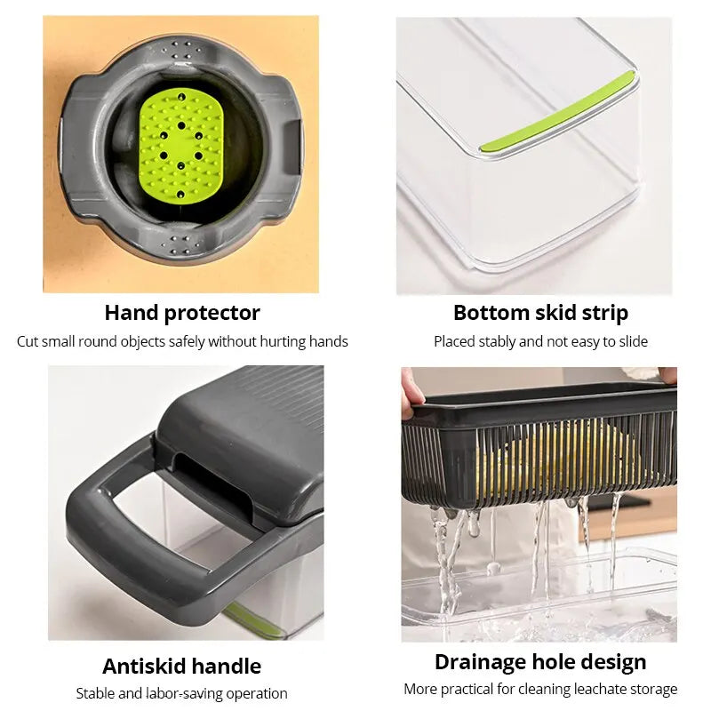 Transforma tu experiencia en la cocina con el Cortador Multifuncional 12 en 1 Verde y Negro! Diseñado para simplificar tu vida, este cortador es la herramienta definitiva para preparar frutas y verduras de manera rápida, eficiente y segura