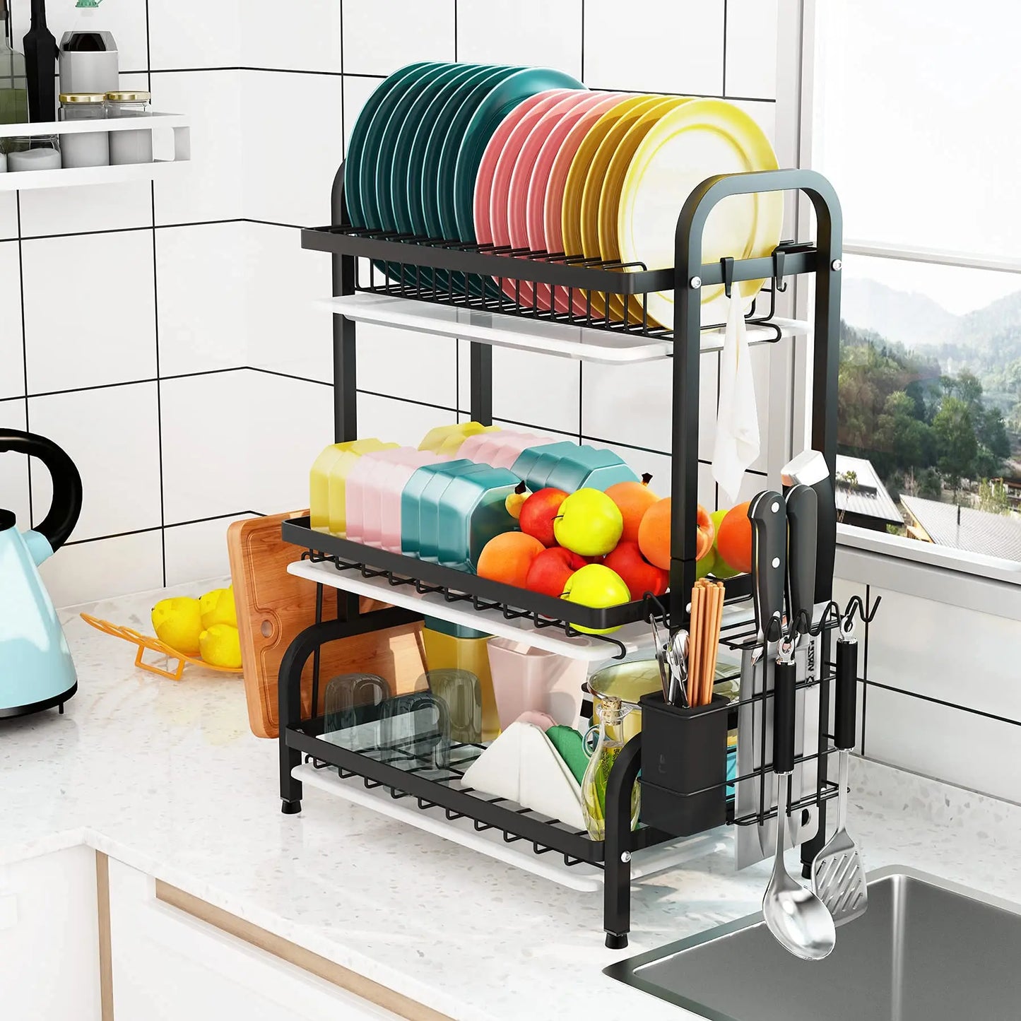 Organiza tu cocina con estilo y eficiencia: Escurridos de platos 3 en 1 de alta capacidad.