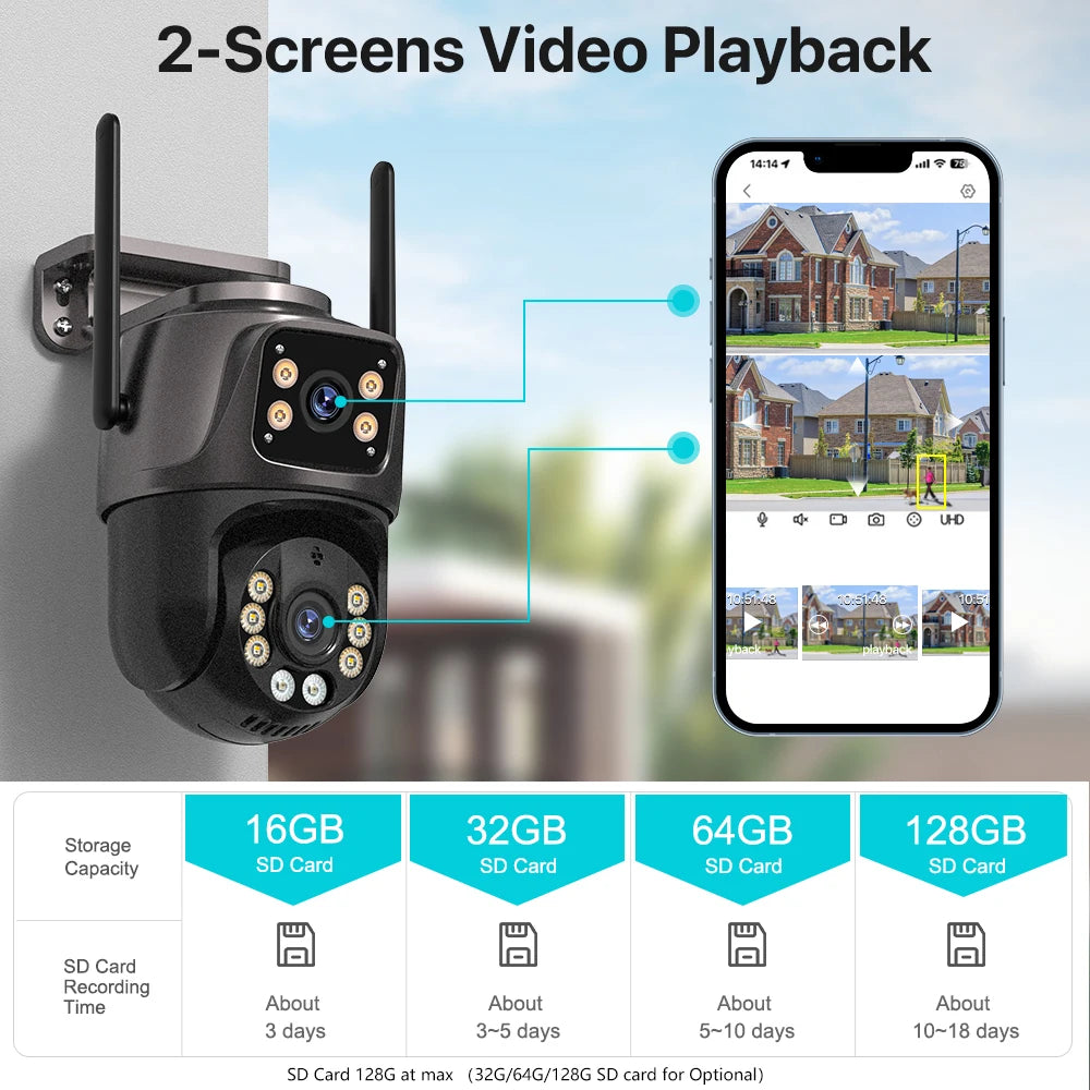 Mantén tu propiedad protegida las 24 horas del día con esta cámara PTZ de alta definición! La Cámara PTZ 4K HD con 8 megapíxeles HD wifi exteriores y lente dual de 4MP ofrece una resolución impresionante