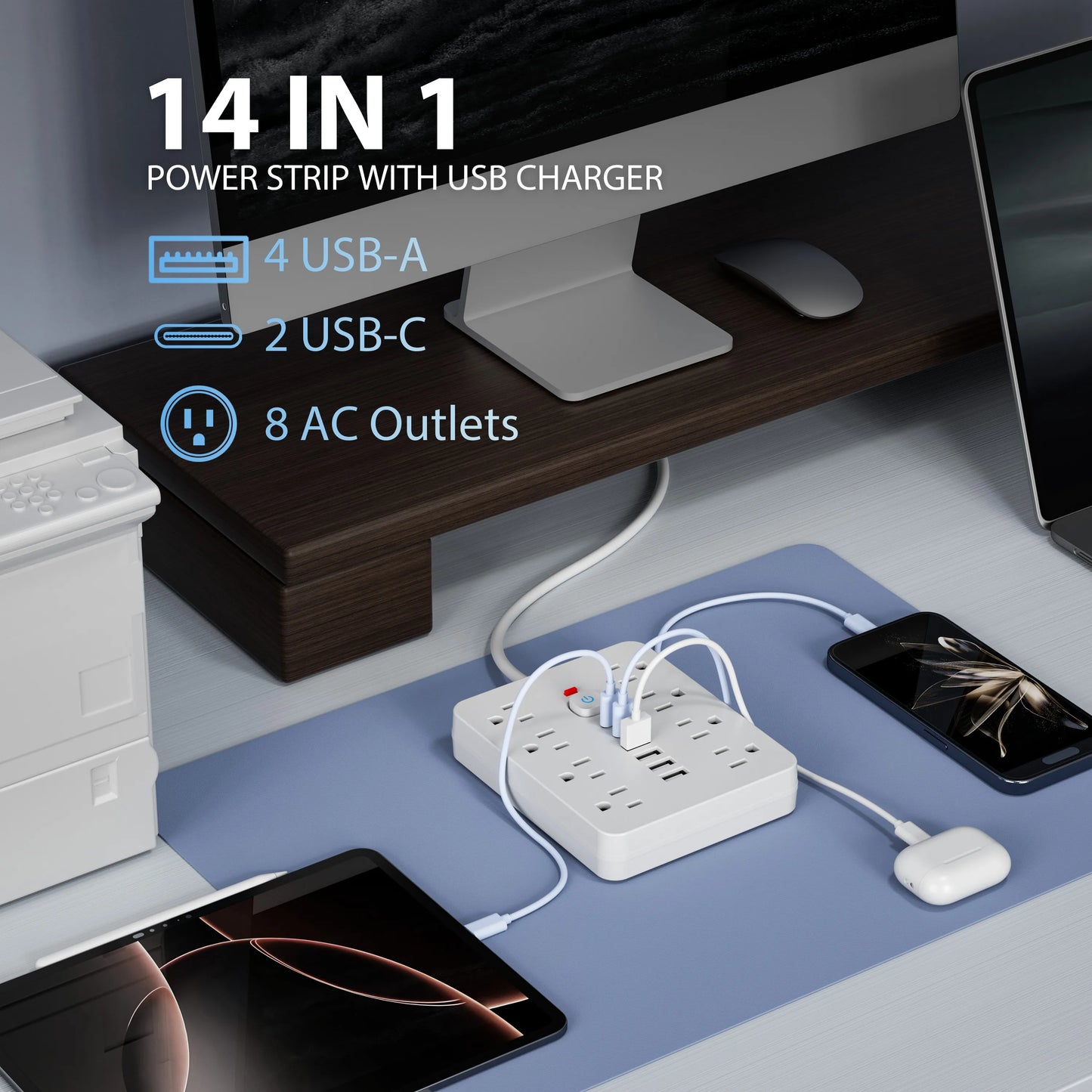 ¡Maximiza la conectividad de tus dispositivos con la toma de corriente estadounidense 10 en 1! Esta regleta de 10 pies (3 metros) es la solución perfecta para mantener todos tus dispositivos electrónicos conectados de manera segura y eficiente