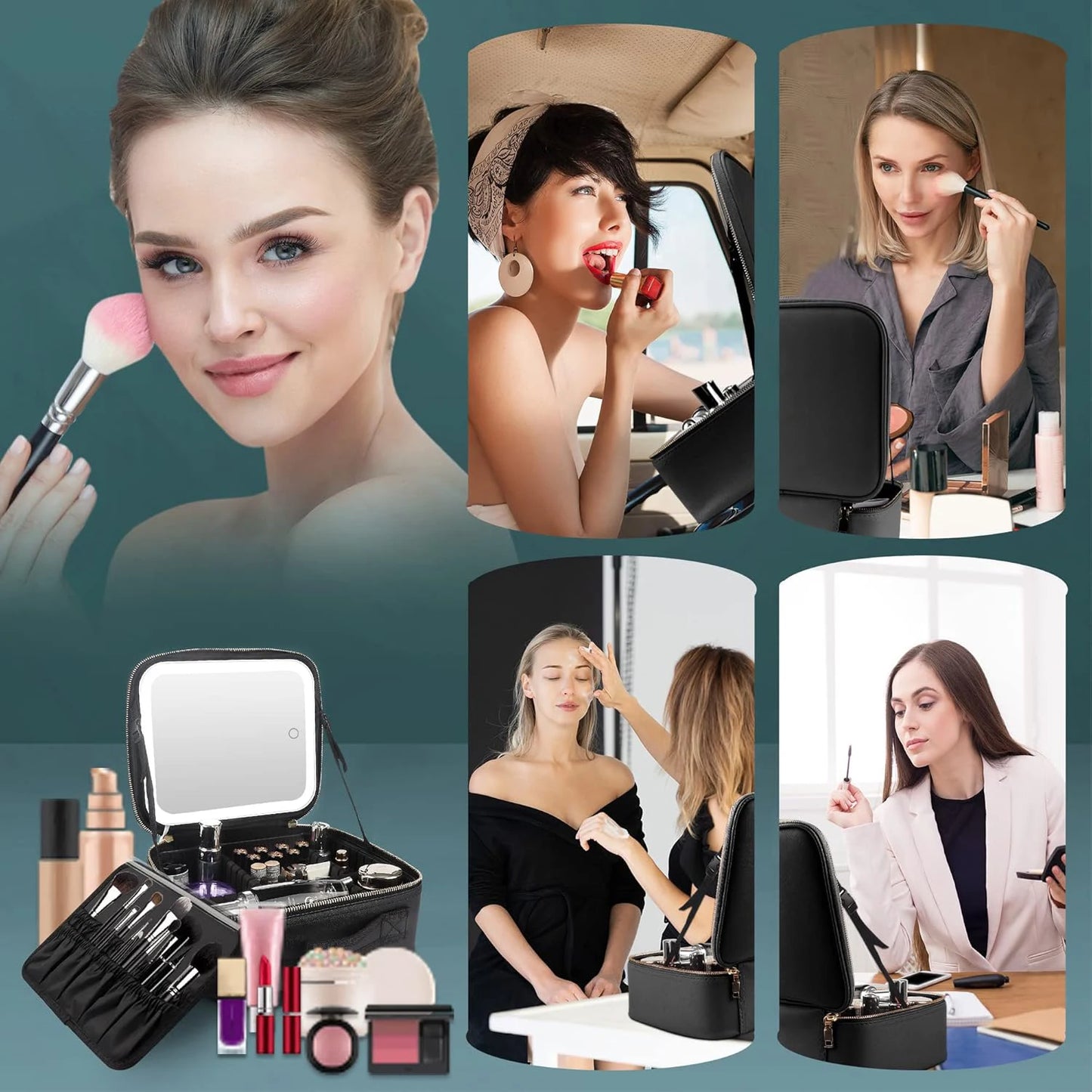 Lleva tu rutina de belleza a donde vayas con el organizador de maquillaje con espejo iluminado. Perfecto para viajes  con 3 brillos ajustables es resistente al agua