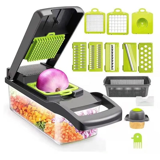 Transforma tu experiencia en la cocina con el Cortador Multifuncional 12 en 1 Verde y Negro! Diseñado para simplificar tu vida, este cortador es la herramienta definitiva para preparar frutas y verduras de manera rápida, eficiente y segura