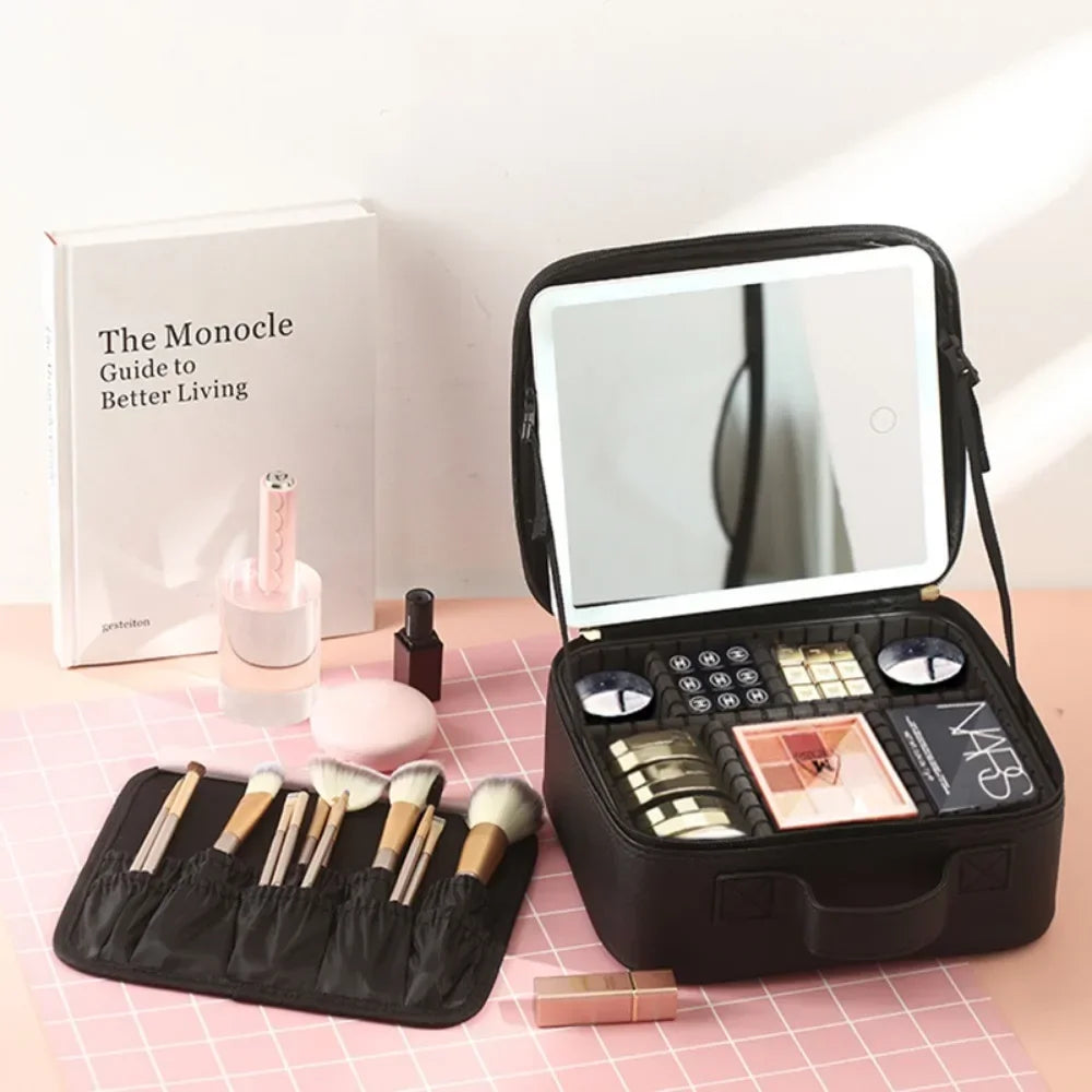 Lleva tu rutina de belleza a donde vayas con el organizador de maquillaje con espejo iluminado. Perfecto para viajes  con 3 brillos ajustables es resistente al agua