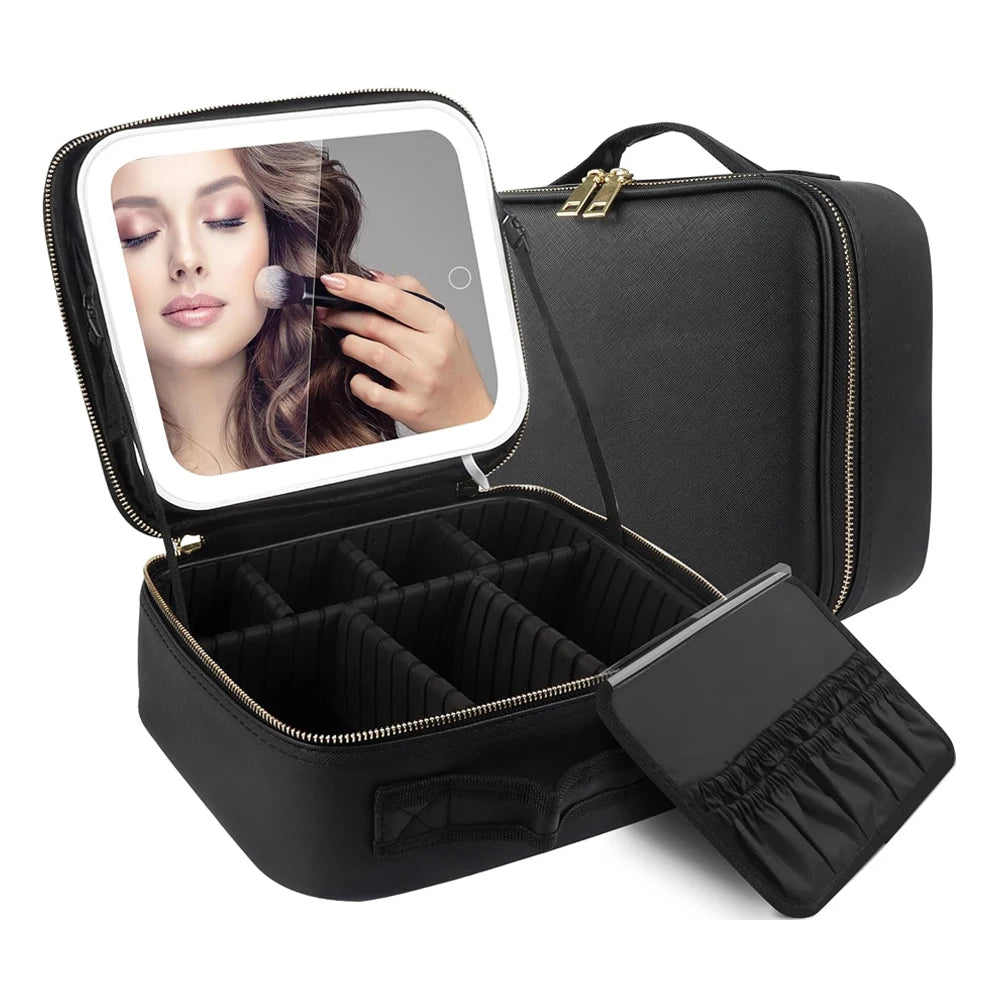 Lleva tu rutina de belleza a donde vayas con el organizador de maquillaje con espejo iluminado. Perfecto para viajes  con 3 brillos ajustables es resistente al agua