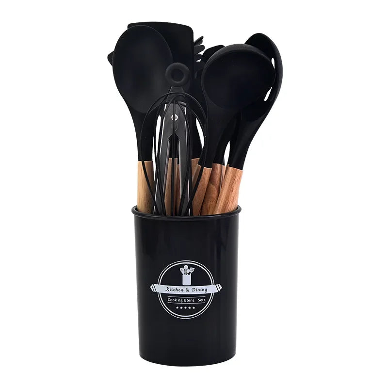 Renueva tu Cocina con este completo juego de Utensilios de Silicona con mango de madera.
