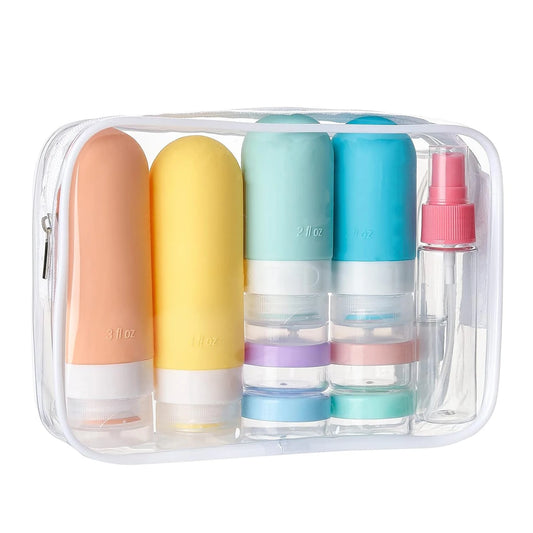 Viaja ligero y Sin Derrames con este kit de 16 botellas de viaje Antifugas.