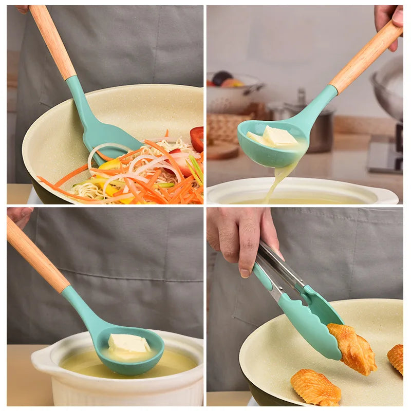 Renueva tu Cocina con este completo juego de Utensilios de Silicona con mango de madera.