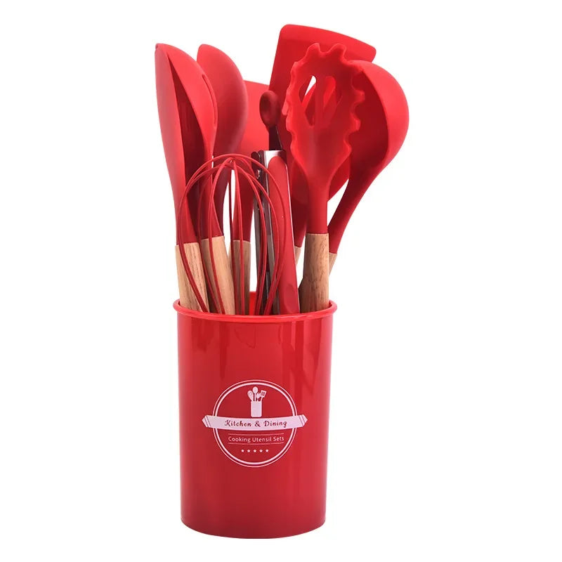 Renueva tu Cocina con este completo juego de Utensilios de Silicona con mango de madera.