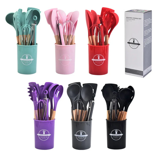 Renueva tu Cocina con este completo juego de Utensilios de Silicona con mango de madera.