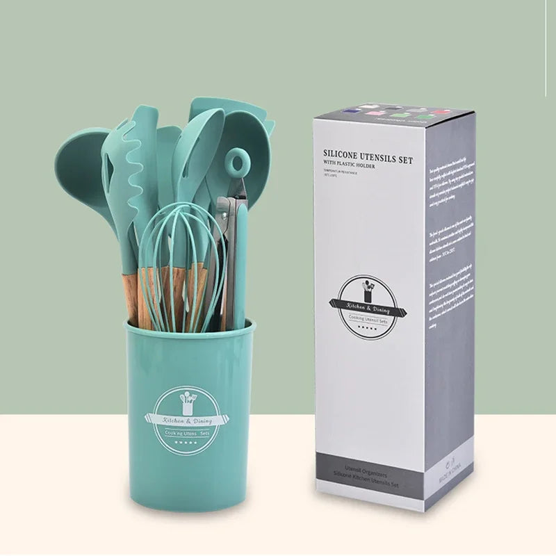 Renueva tu Cocina con este completo juego de Utensilios de Silicona con mango de madera.
