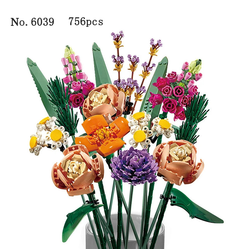 ¡Añade un toque de elegancia y creatividad a tu hogar con este ramo de orquídeas ,rosas artificiales! Este ramo no solo es una pieza decorativa, sino que también incorpora bloques de construcción, permitiendo una experiencia única al armarlo