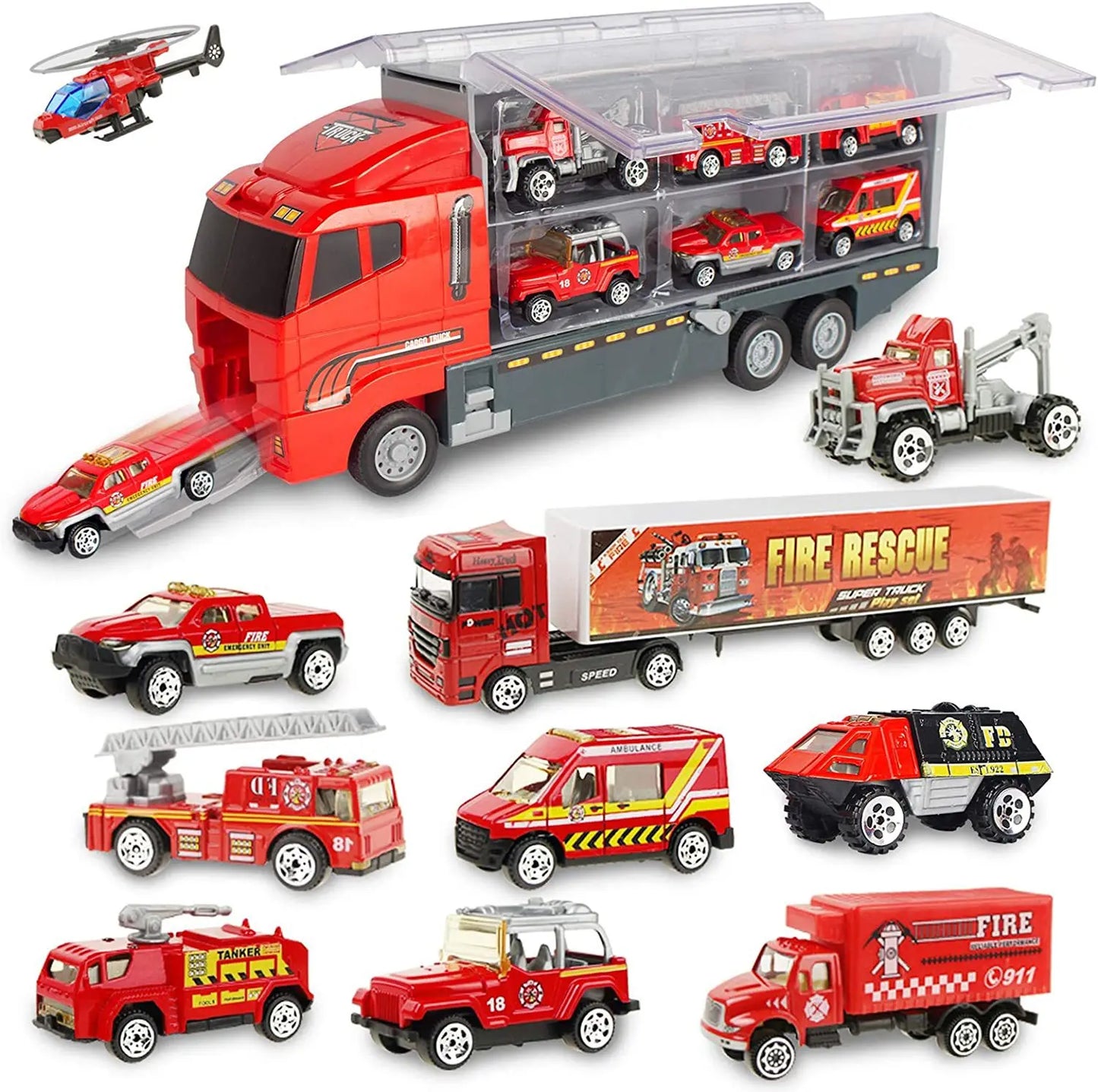 Diversión sin límites para tu niño con este set de camiones y vehículos de construcción y rescate.