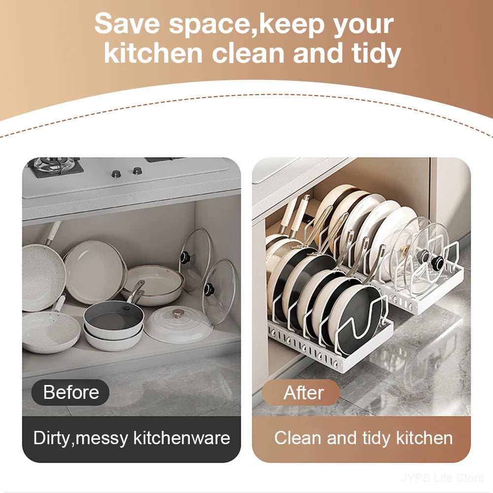 ¡Organiza tu cocina como un profesional! Este organizador de ollas y sartenes es la solución perfecta para mantener tus utensilios de cocina en orden y al alcance de la mano, maximizando el espacio en tu cocina de manera eficiente y elegante.