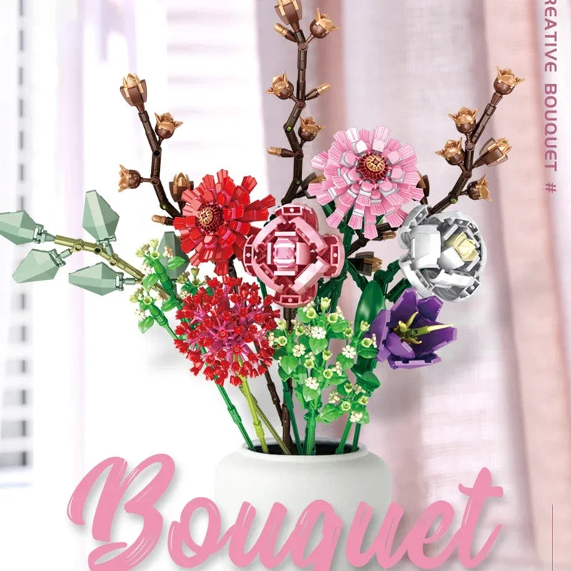 ¡Añade un toque de elegancia y creatividad a tu hogar con este ramo de orquídeas ,rosas artificiales! Este ramo no solo es una pieza decorativa, sino que también incorpora bloques de construcción, permitiendo una experiencia única al armarlo
