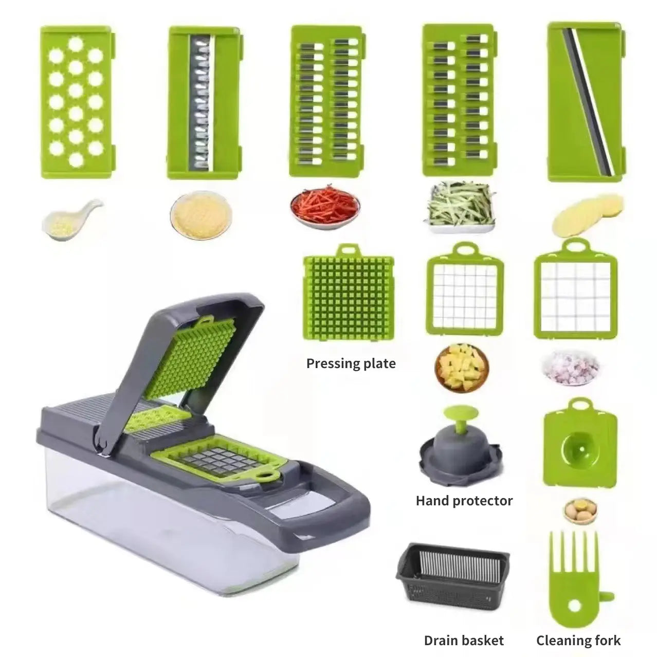 Transforma tu experiencia en la cocina con el Cortador Multifuncional 12 en 1 Verde y Negro! Diseñado para simplificar tu vida, este cortador es la herramienta definitiva para preparar frutas y verduras de manera rápida, eficiente y segura