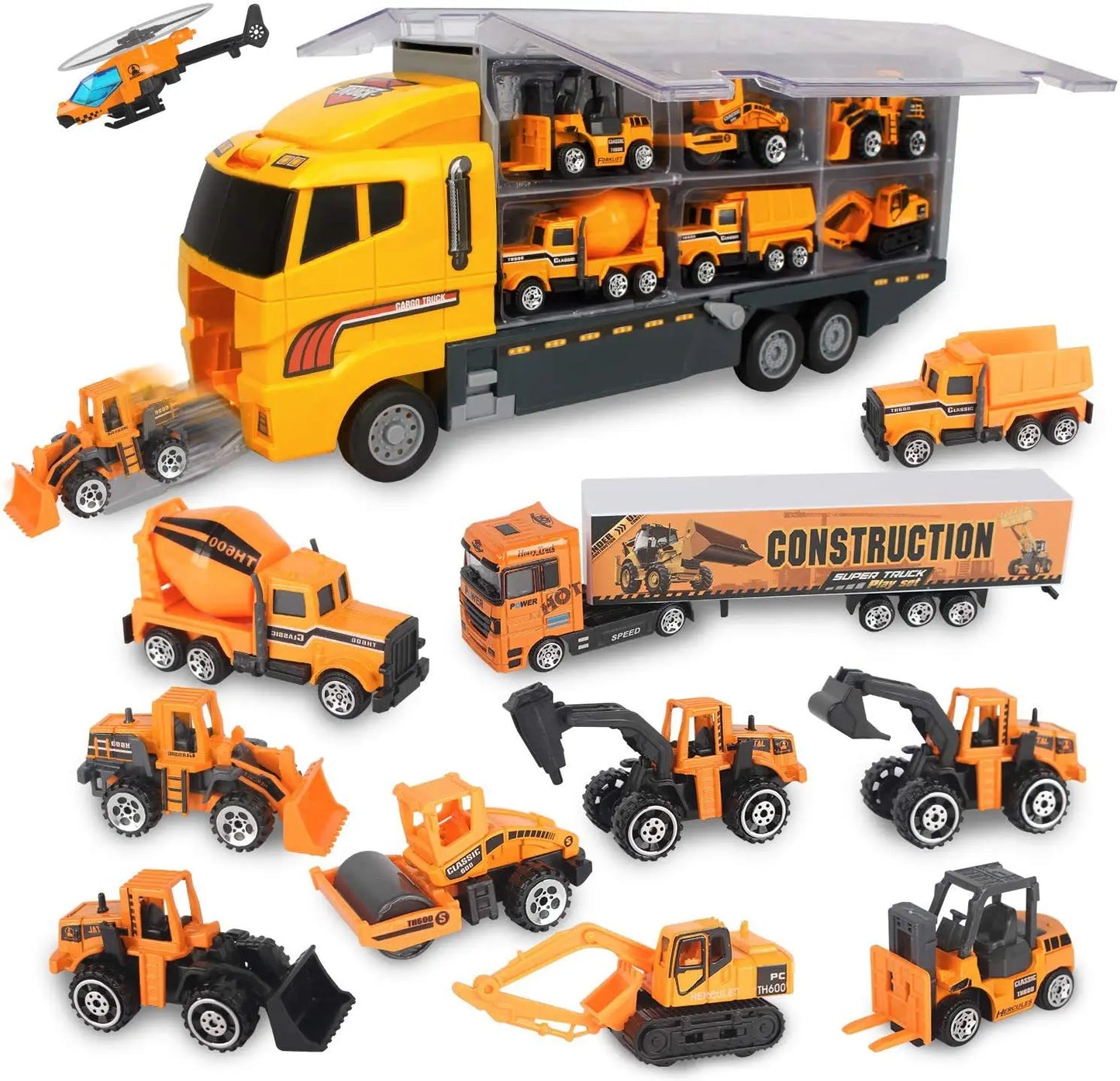 Diversión sin límites para tu niño con este set de camiones y vehículos de construcción y rescate.