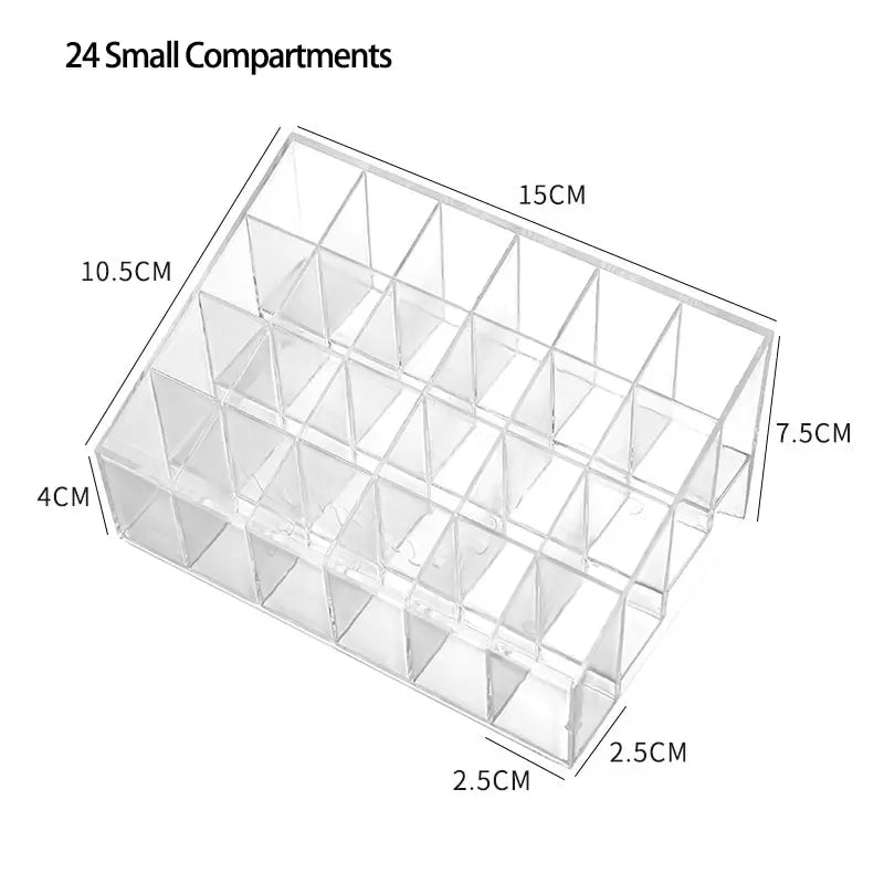 Estás buscando una manera funcional de organizar tus lápices labiales y esmaltes de uñas ,El Soporte Acrílico para Lápices Labiales de 24 Rejillas es la solución perfecta para mantener tus cosméticos organizados, accesibles y siempre a la vista