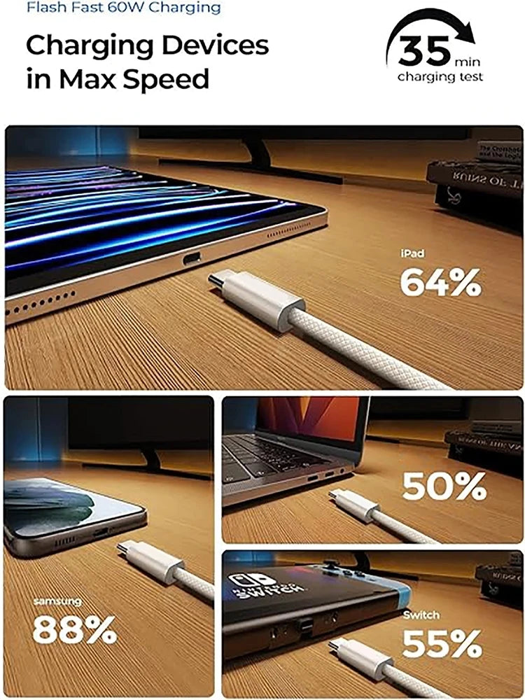 ¿Estás buscando un cable resistente, eficiente y de alta velocidad para cargar tus dispositivos? ¡Este Cable de Carga Rápida USB Tipo C es todo lo que necesitas! Con tecnología PD (Power Delivery) y una capacidad de carga de 60W