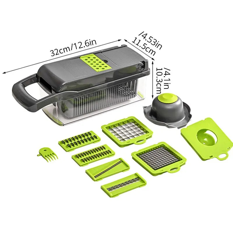 Transforma tu experiencia en la cocina con el Cortador Multifuncional 12 en 1 Verde y Negro! Diseñado para simplificar tu vida, este cortador es la herramienta definitiva para preparar frutas y verduras de manera rápida, eficiente y segura