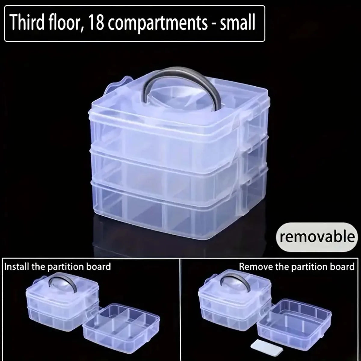 Mantén tus objetos pequeños organizados y al alcance de la mano con esta caja organizadora apilable de 3 niveles. Con 18 compartimentos ajustables, este contenedor de plástico transparente es perfecto para guardar desde juguetes, hasta joyas