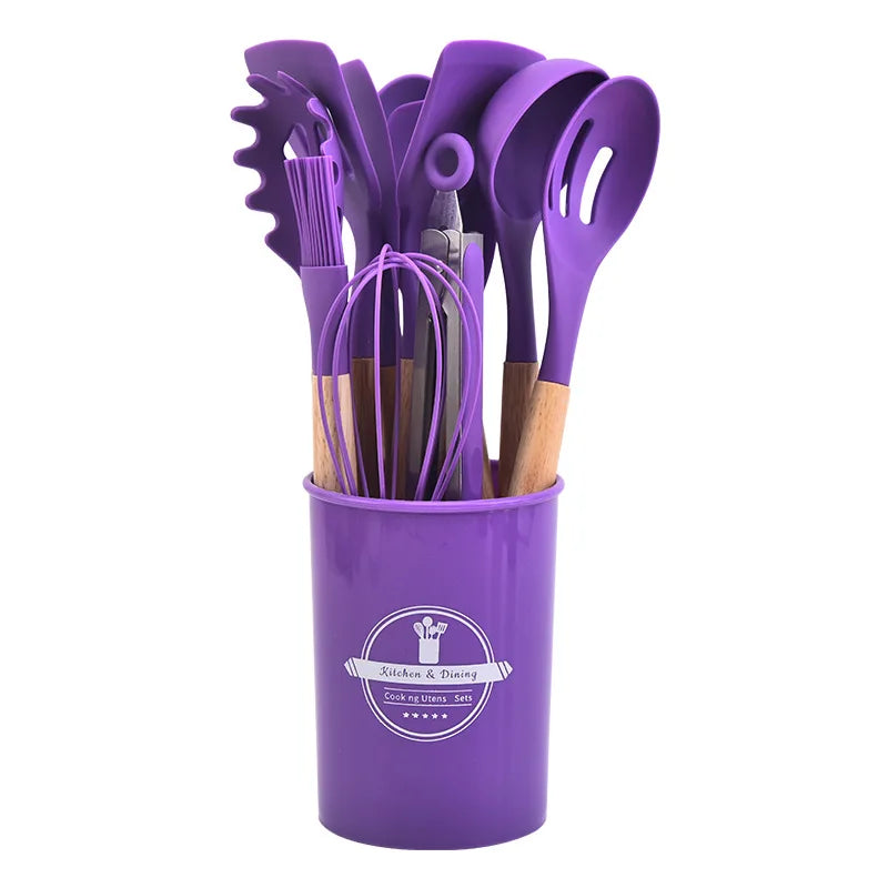Renueva tu Cocina con este completo juego de Utensilios de Silicona con mango de madera.