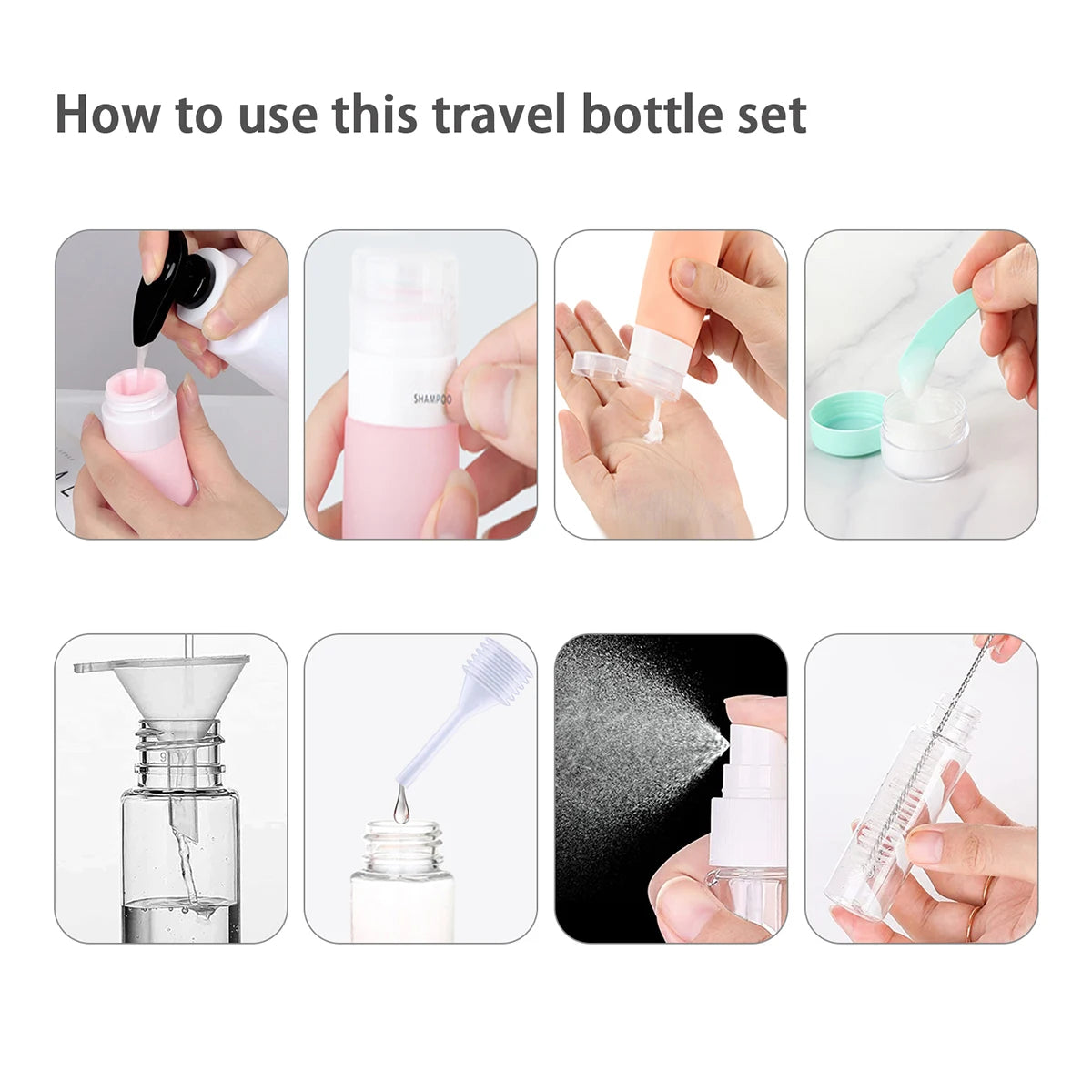 Viaja ligero y Sin Derrames con este kit de 16 botellas de viaje Antifugas.