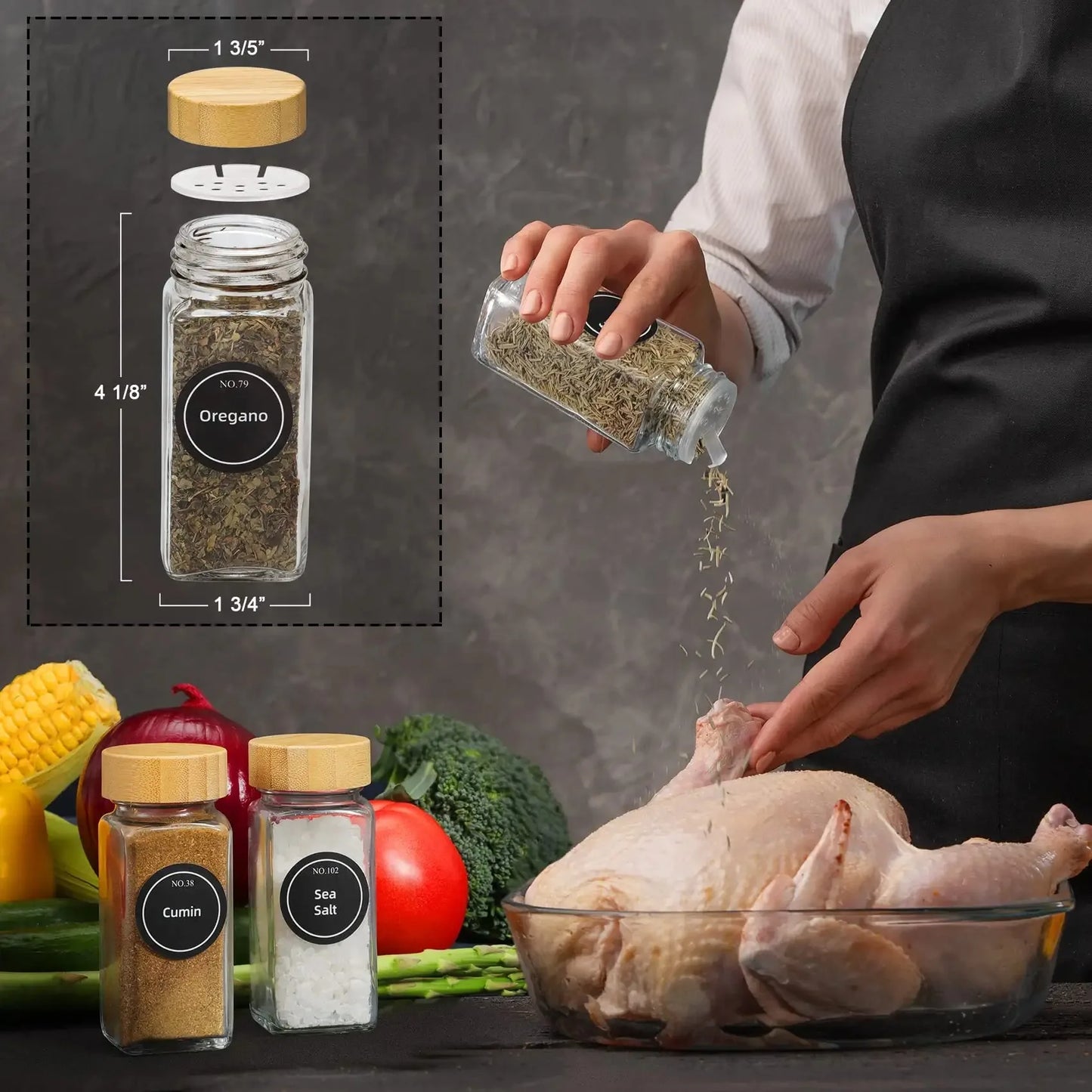 Dale a tu cocina un toque moderno y organizado con nuestros Frascos de Vidrio con Tapa de Bambú para Especias. Este set de 5 o 12 frascos es perfecto para almacenar tus condimentos, sal, pimienta, semillas, hierbas y más.