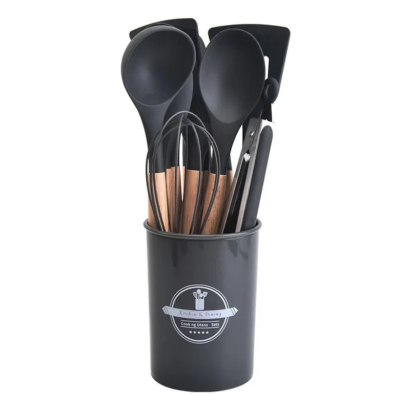 Renueva tu Cocina con este completo juego de Utensilios de Silicona con mango de madera.