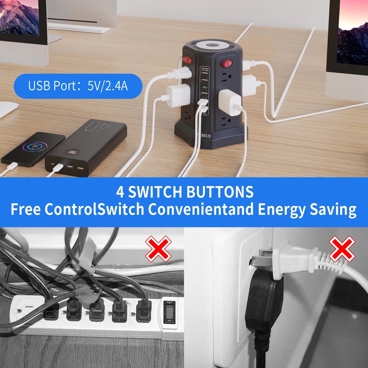 Olvídate de los enchufes insuficientes. 12 Tomas de Corriente, y 5 puertos USB